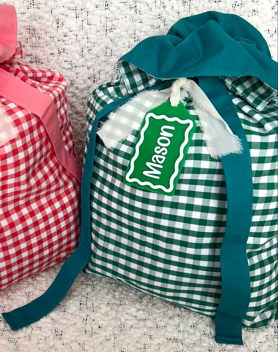 Green Cotton Gingham Christmas Santa Sack with Custom Green and White Gift Tag