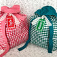 Red Gingham Santa Sack and Green Gingham Santa Sack with Red and White and Green and White Custom Name Tags