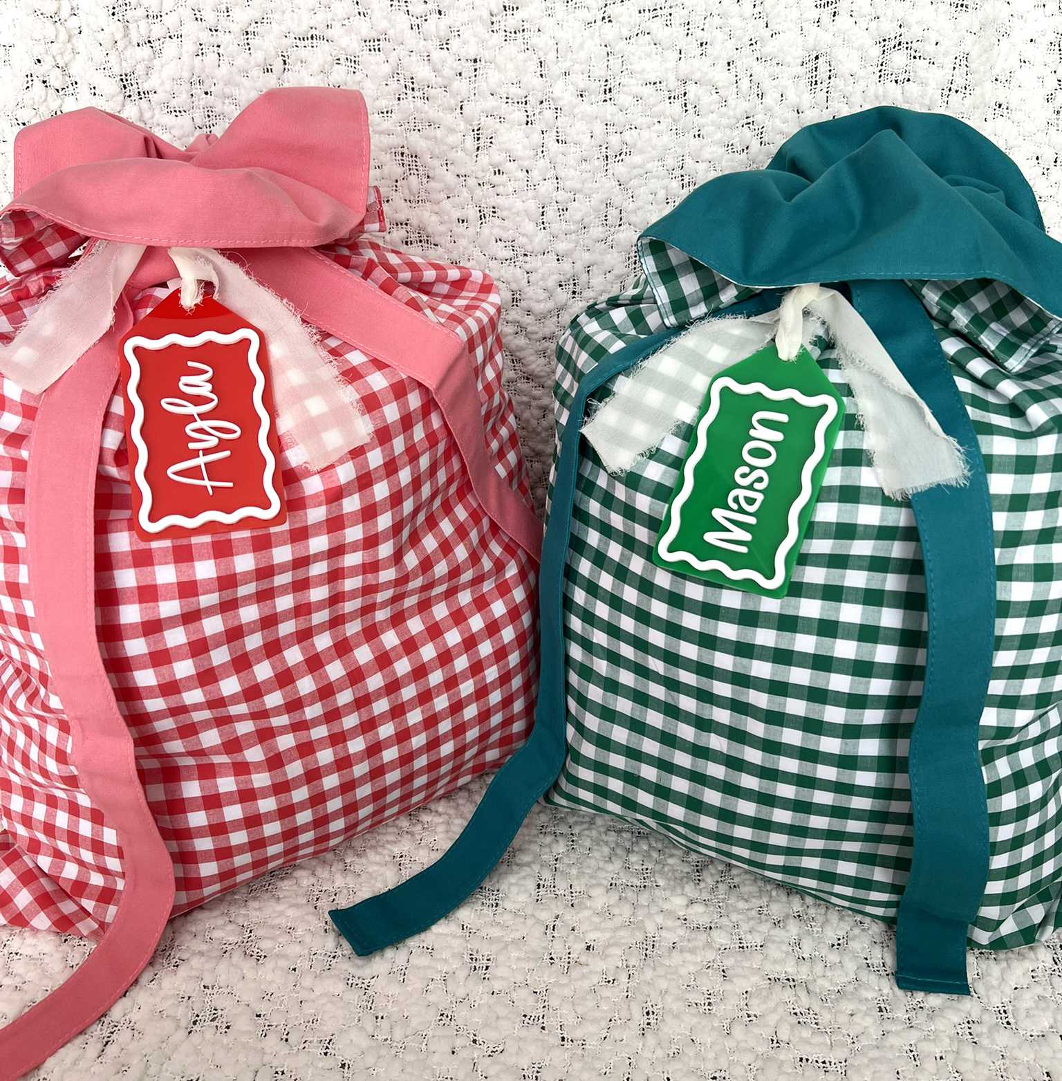 Red Gingham Santa Sack and Green Gingham Santa Sack with Red and White and Green and White Custom Name Tags
