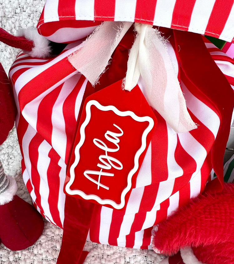 Red and White Candy Cane Stripe Christmas Santa Sack with Matching Custom Acrylic Name Tag