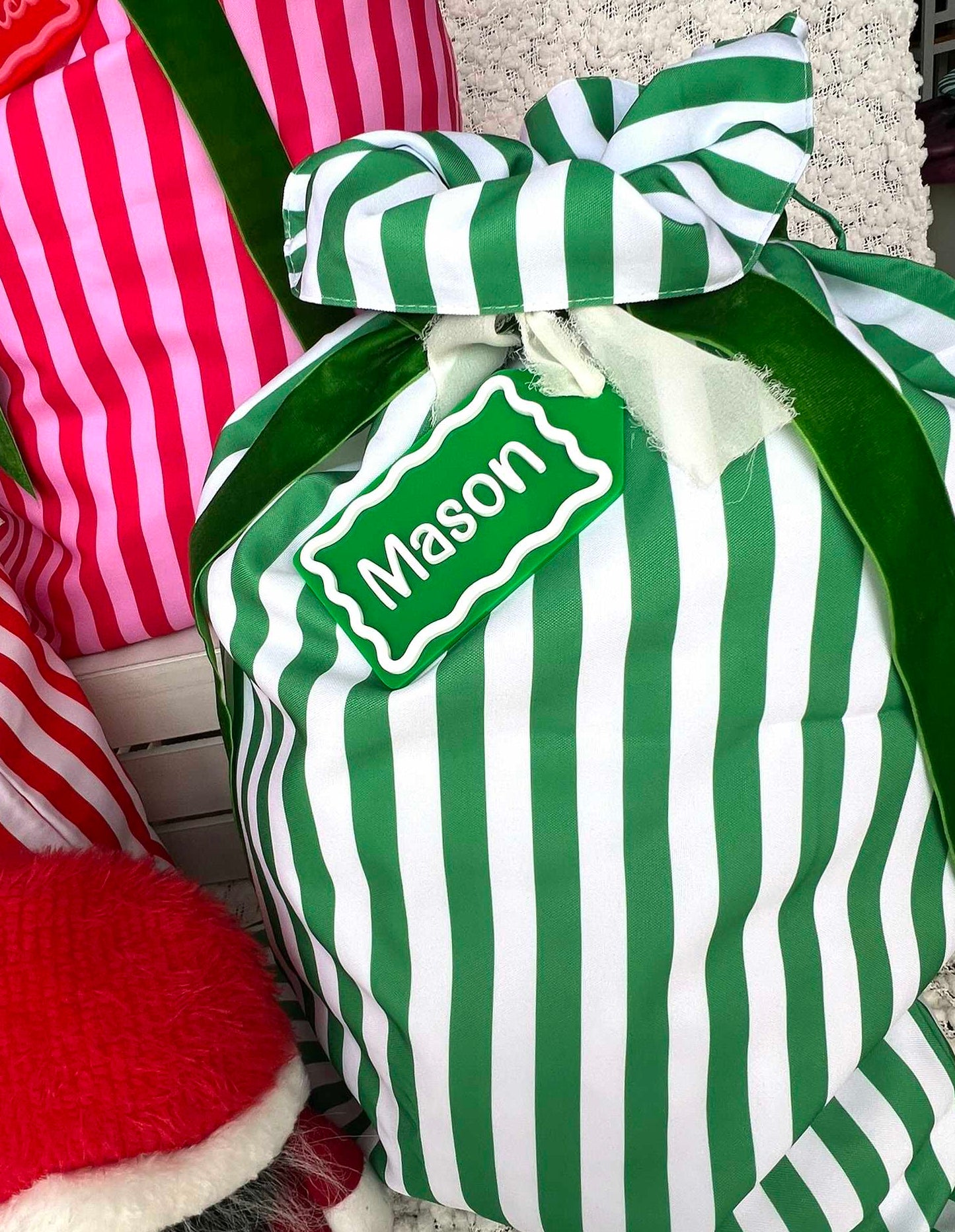 Green Stripe Christmas Santa Sack with Matching Acrylic Name Tag