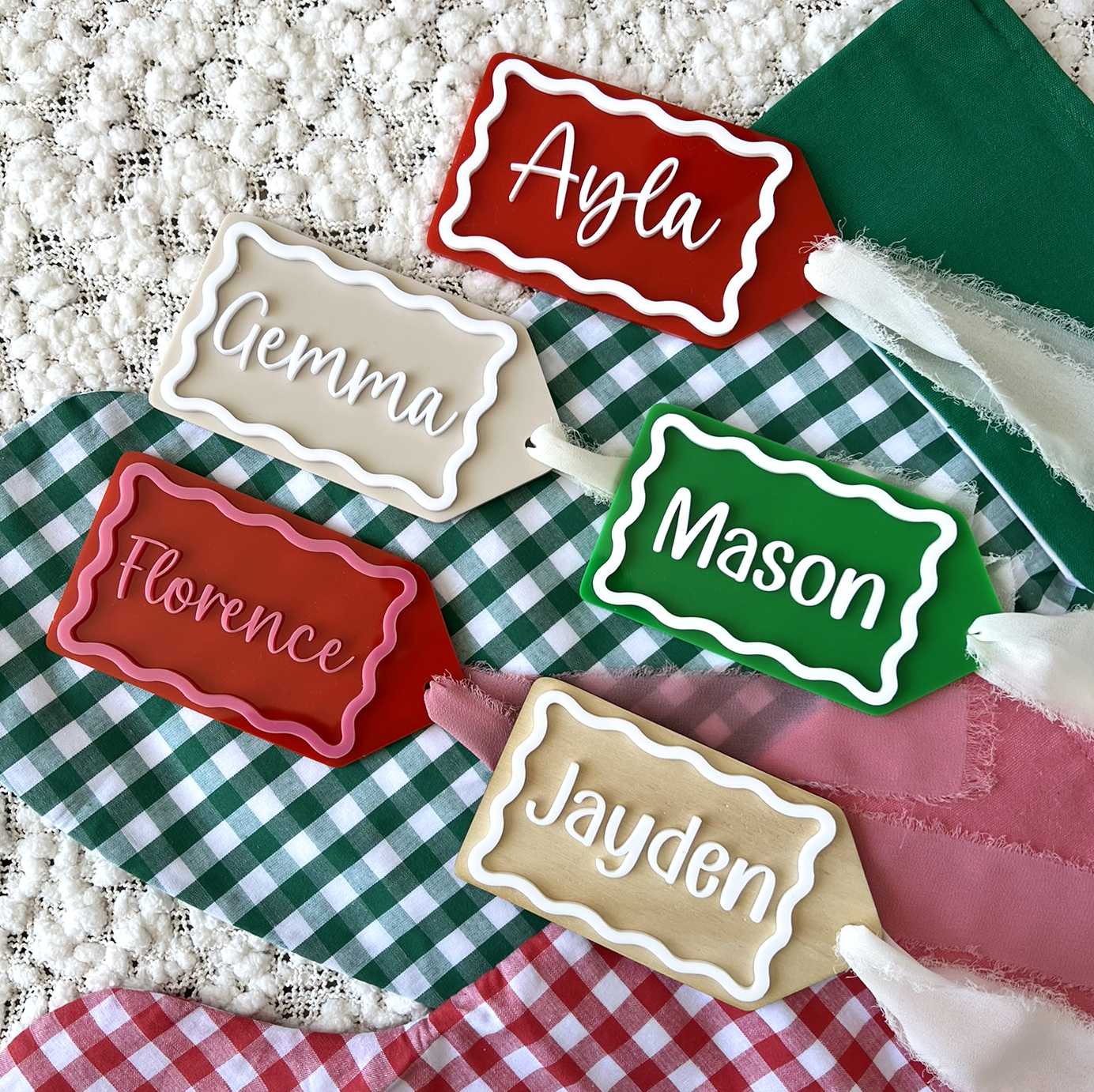 Gift Name Tag for Santa Sack or Christmas Stocking hsown in range of colours and in both acrylic and plywood