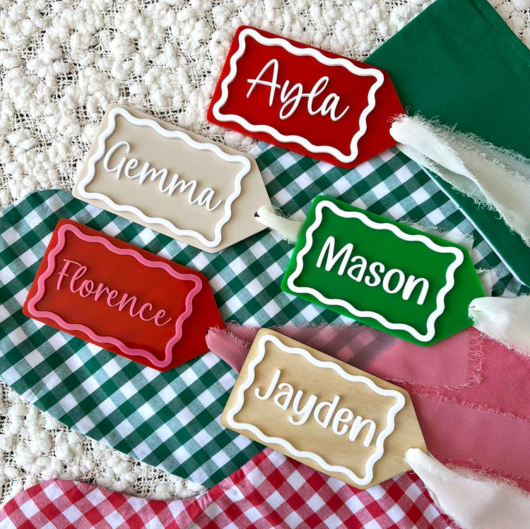 Gift Name Tag for Santa Sack or Christmas Stocking hsown in range of colours and in both acrylic and plywood