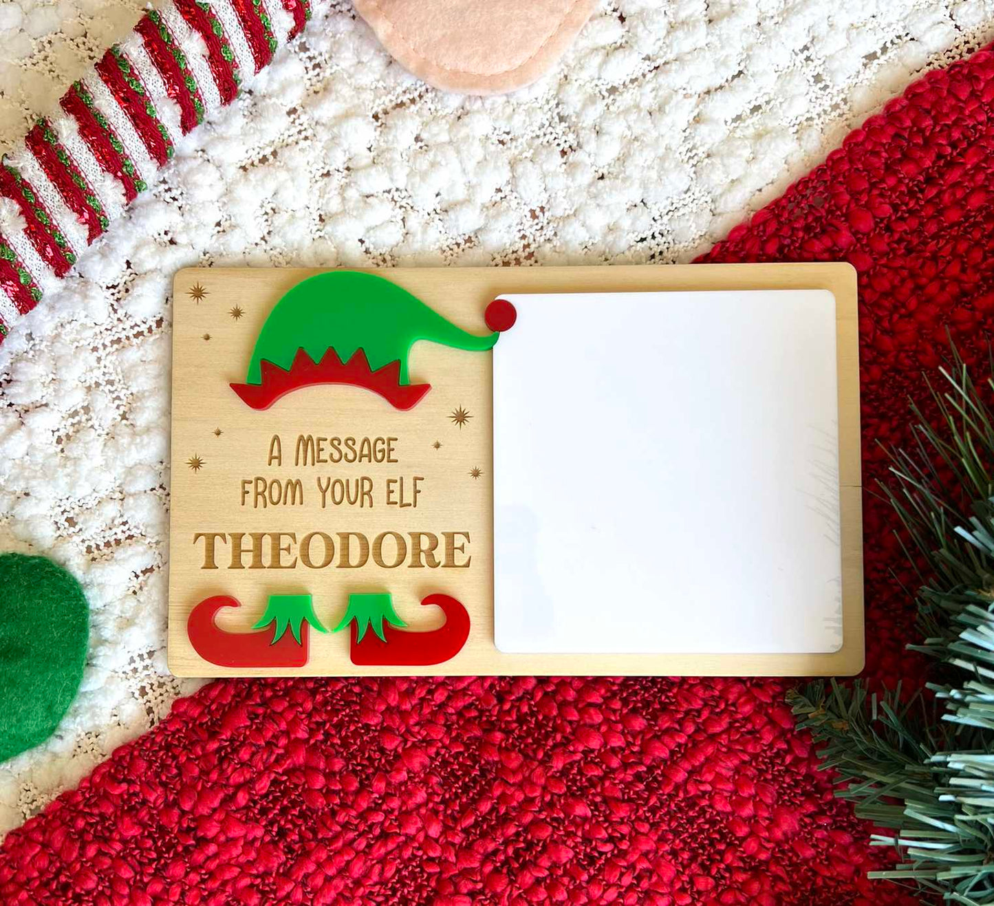 Personalised Christmas elf message board with engraved name and whiteboard area for elf notes by Sunset Laser Co