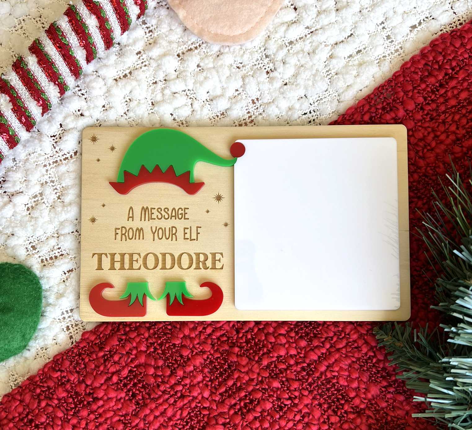 Personalised Christmas elf message board with engraved name and whiteboard area for elf notes by Sunset Laser Co