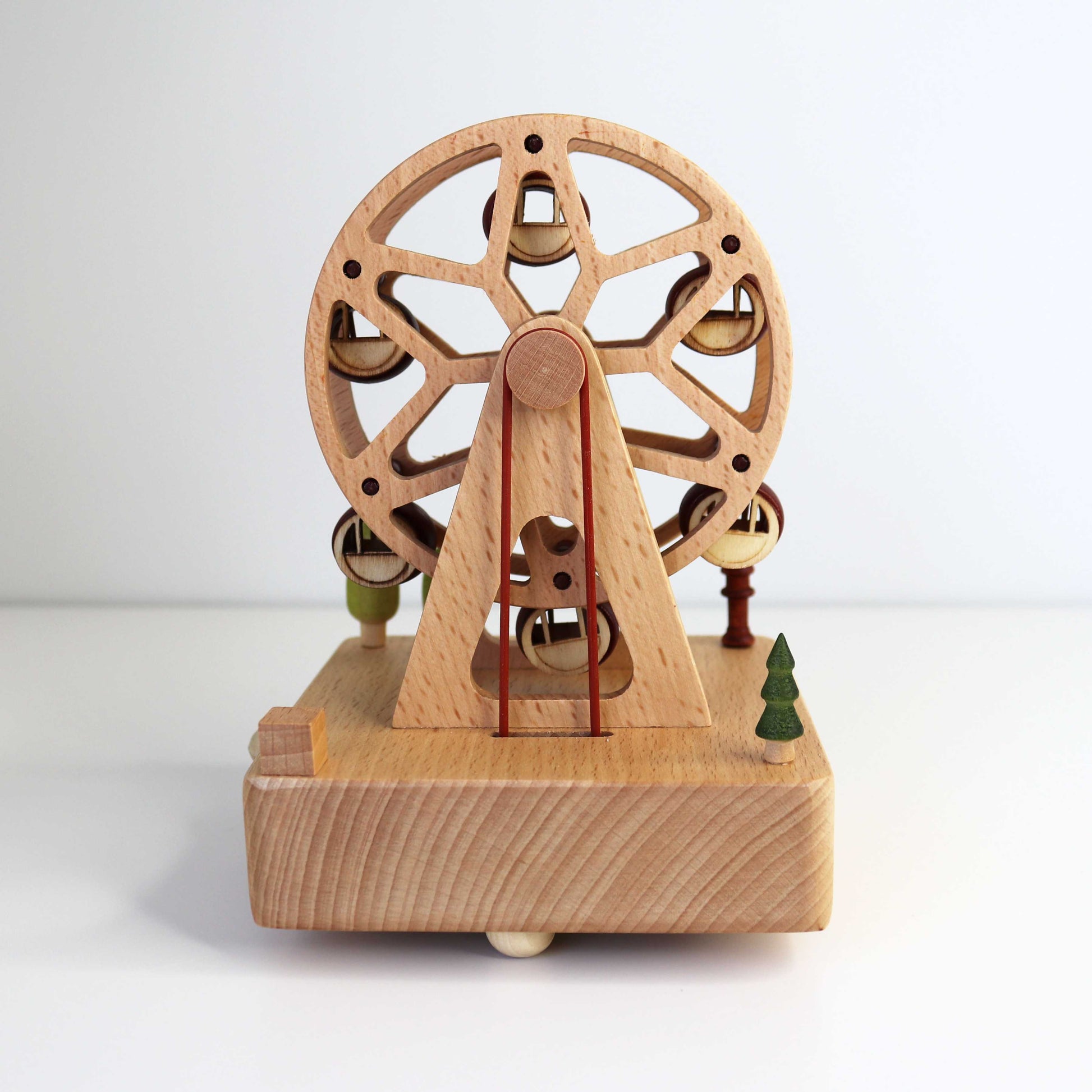Back View of Personalised Wooden Musical Carousel in Ferris Wheel Design with Mini Carriages and Trees