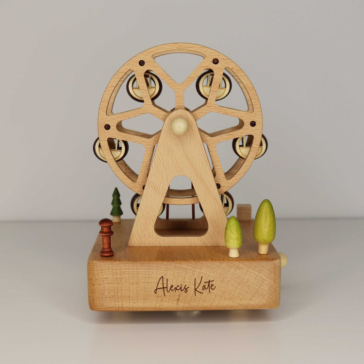 Personalised Wooden Ferris Wheel Musical Carousel with Custom Name Engraving, Mini Carriages and Trees