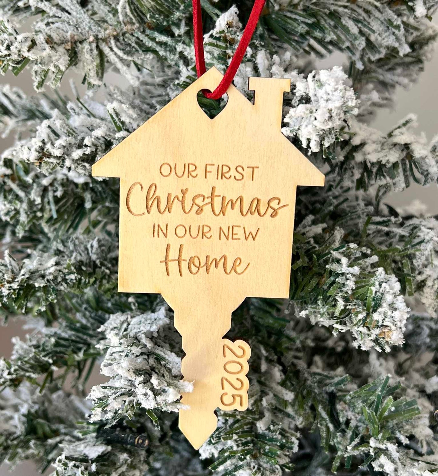 Our First Christmas In Our New Home 2025 Key Shape Wooden Engraved Christmas Tree Ornament with Faux Suede Red Hanger