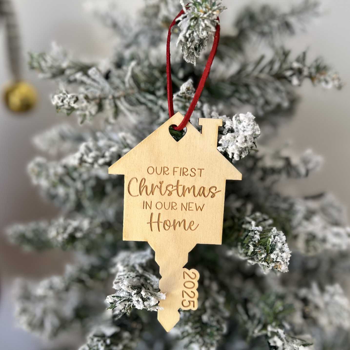 Our First Christmas In Our New Home 2025 Key Shape Wooden Engraved Christmas Tree Ornament with Faux Suede Red Hanger