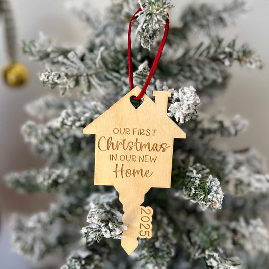Our First Christmas In Our New Home 2025 Key Shape Wooden Engraved Christmas Tree Ornament with Faux Suede Red Hanger