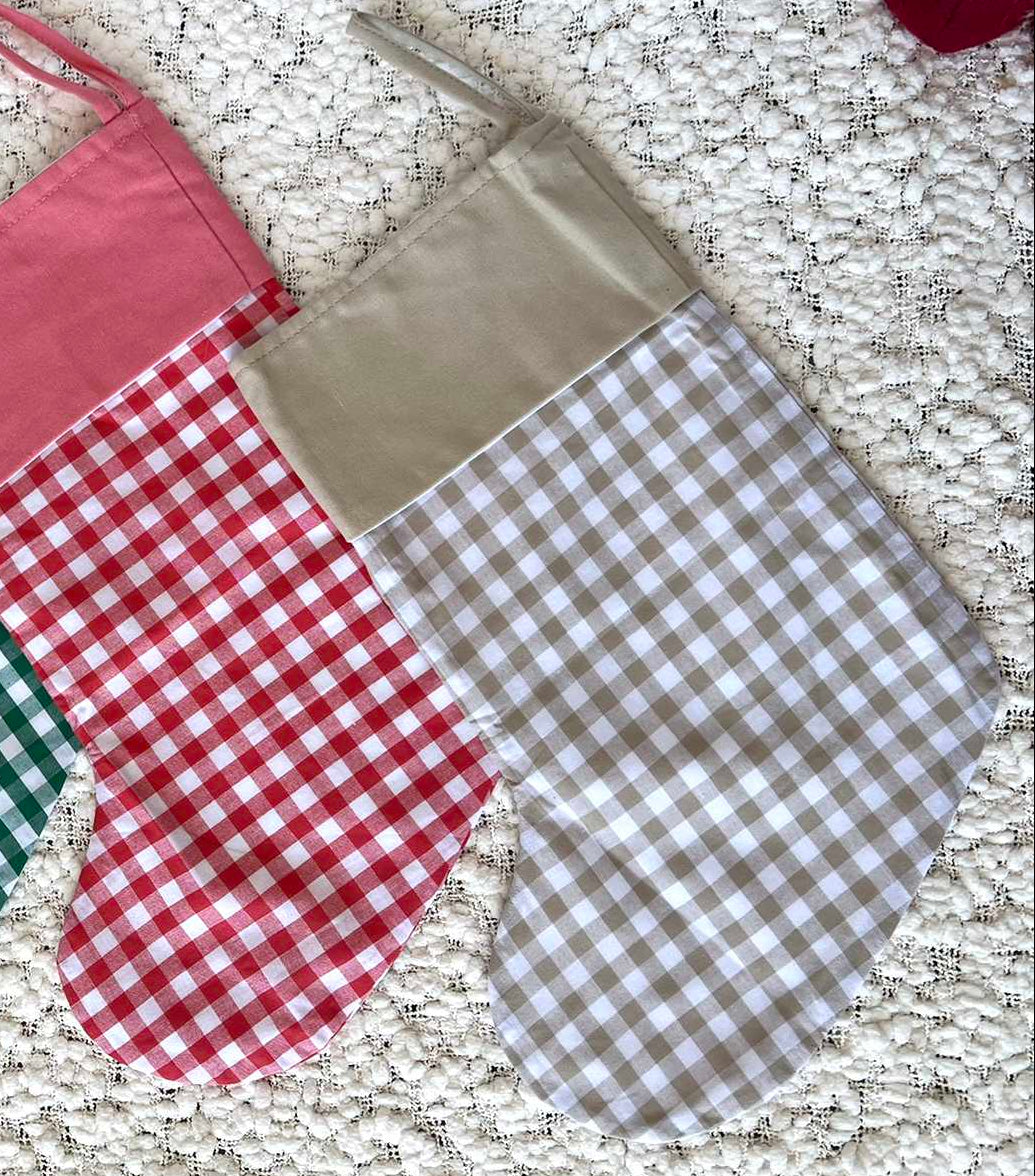 Beige Gingham Christmas Stocking with Beige Solid Colour Cuff