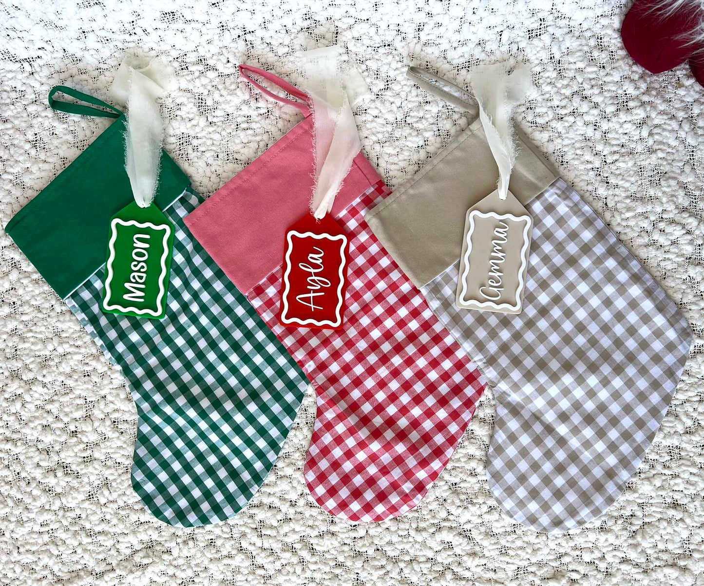 Green Gingham Christmas Stocking with Green Solid Colour Cuff shown with Green and White Custom Name Tag