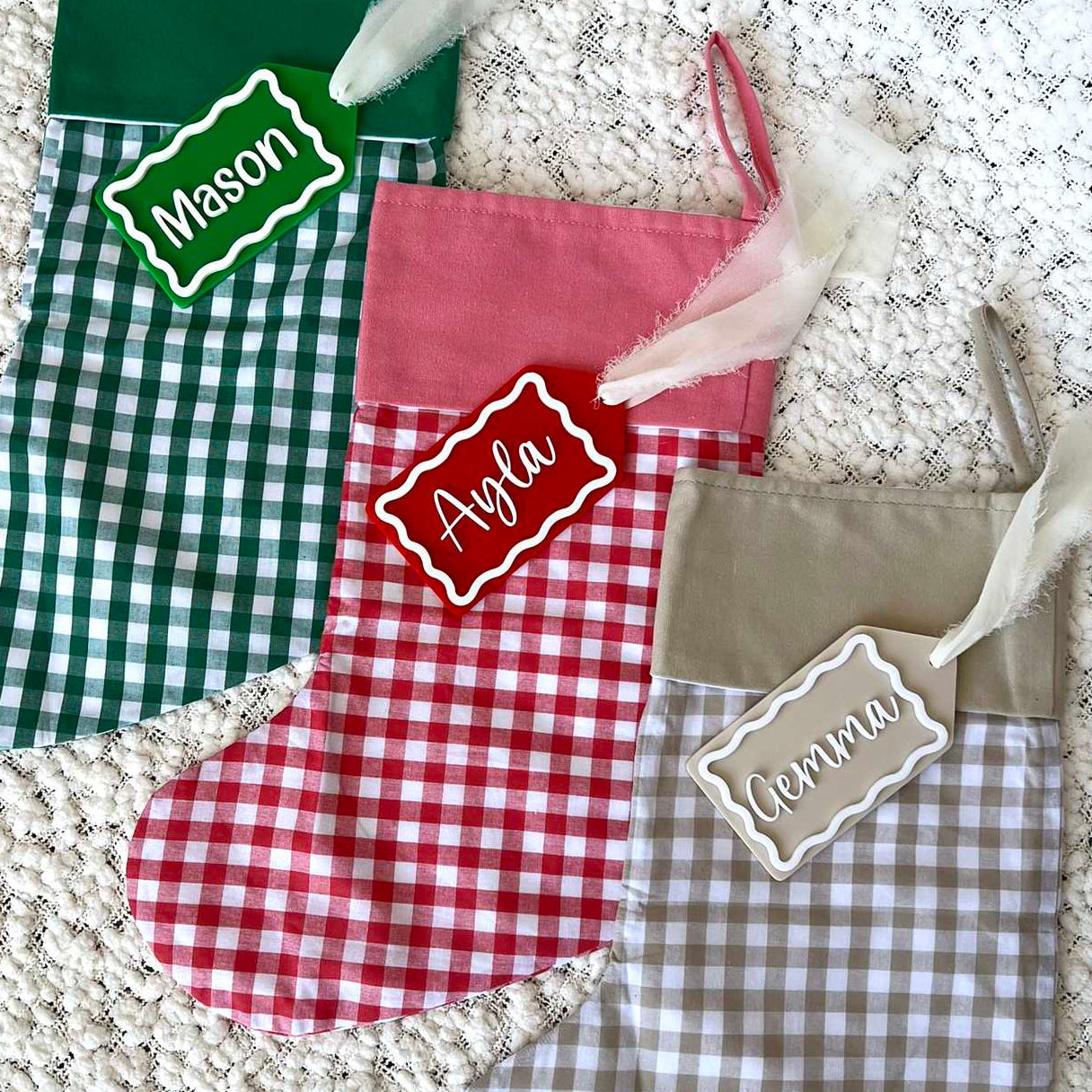 Green Gingham Christmas Stocking with Green  Solid Colour Cuff shown with Green and White Custom Name Tag