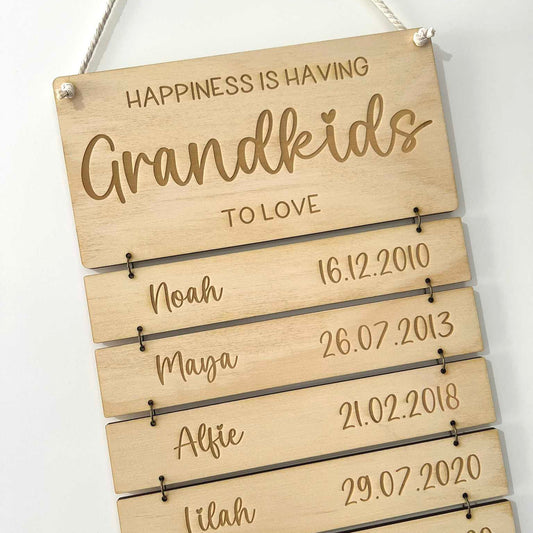 Happiness is having Grandkids to love wooden name and birthday wall hanging sign