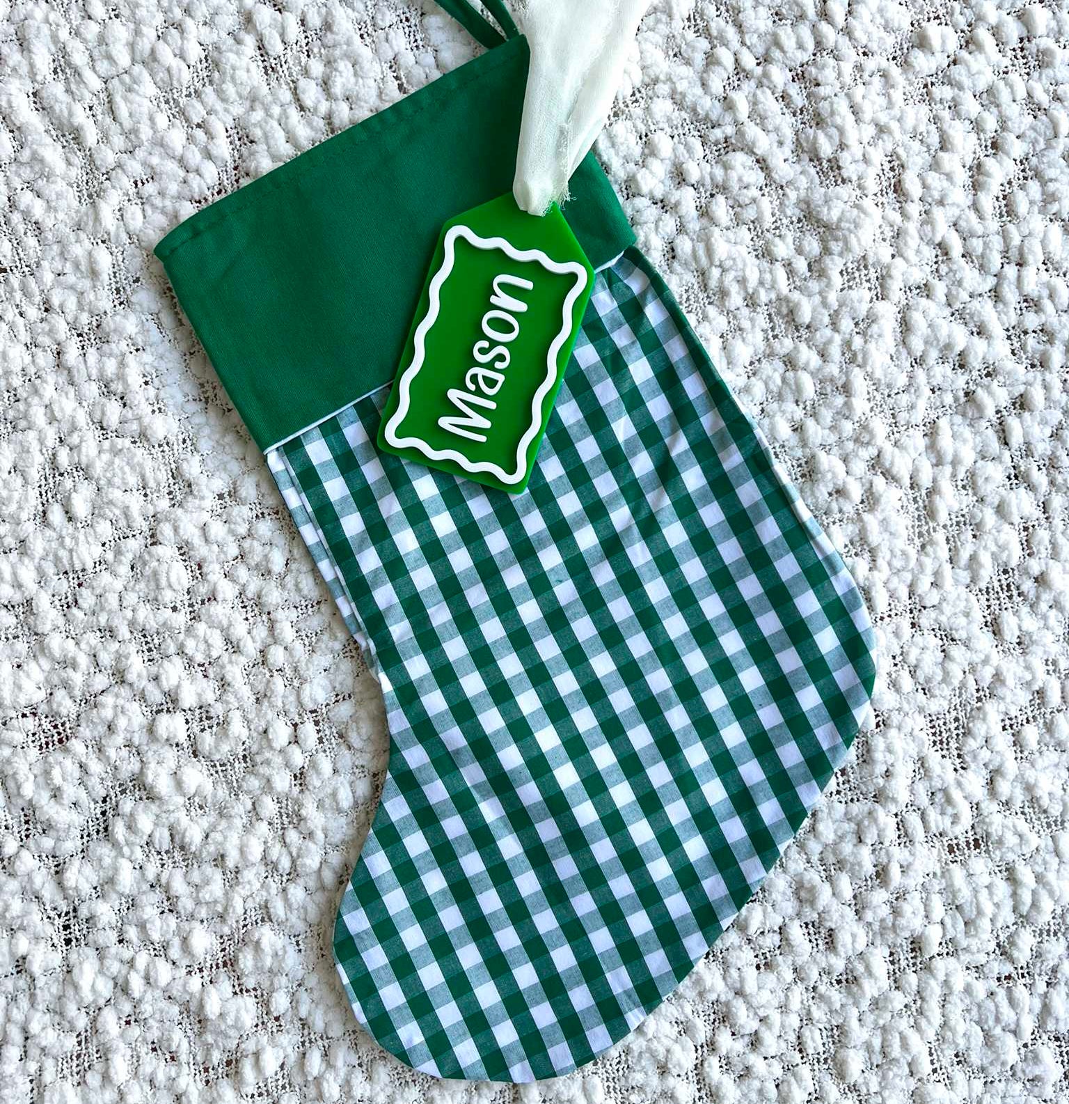 Green Gingham Christmas Stocking with Matching Green and White Acrylic Name Tag