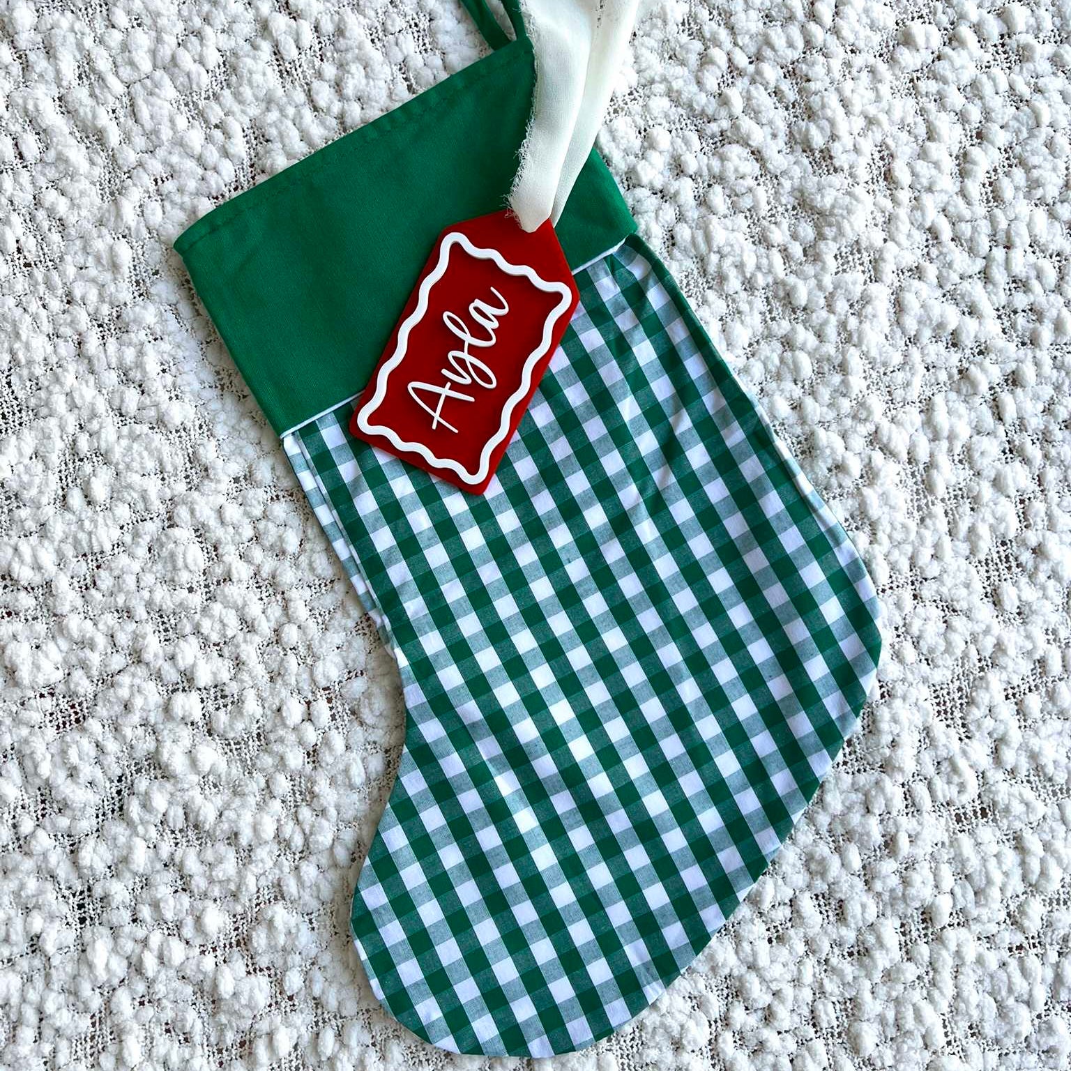 Green Gingham Christmas Stocking with Red and White Acrylic Name Tag