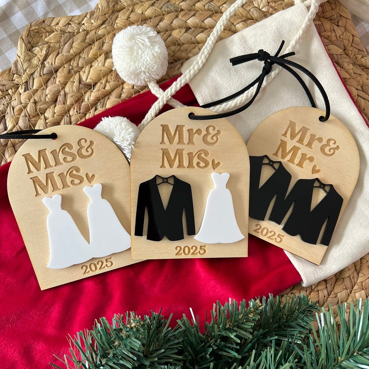 Christmas Wedding Ornaments, Mr & Mrs, Mr & Mr and Mrs & Mrs.
