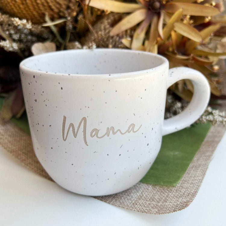 Personalised ceramic coffee mug engraved with 'Mama' in script font