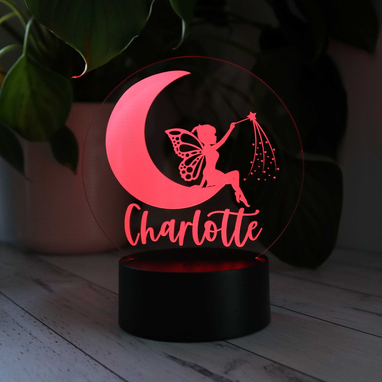 Personalised Kids Fairy Moon Night Light with Red LED Light Shown in image