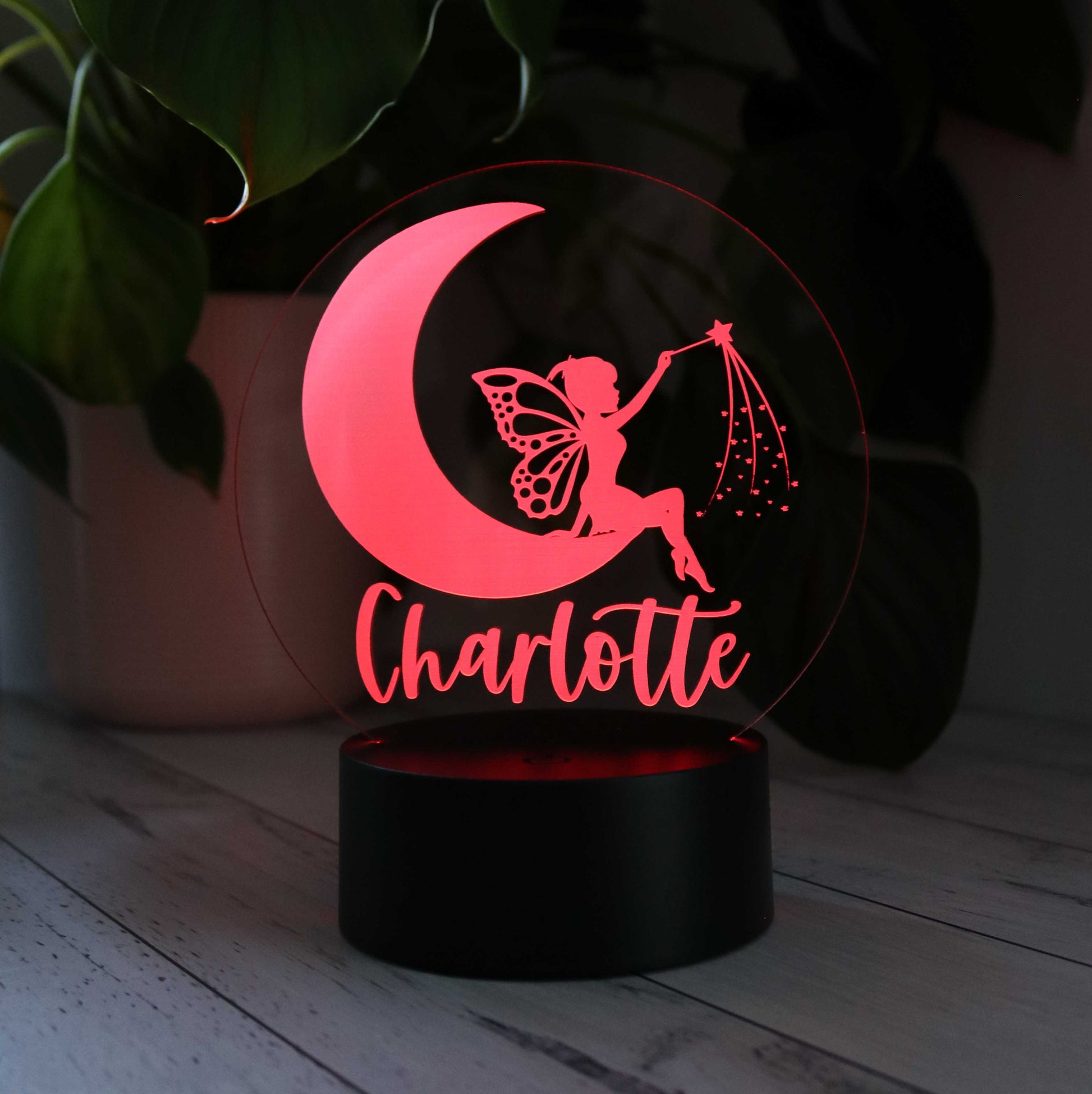 Personalised Kids Fairy Moon Night Light with Red LED Light Shown in image
