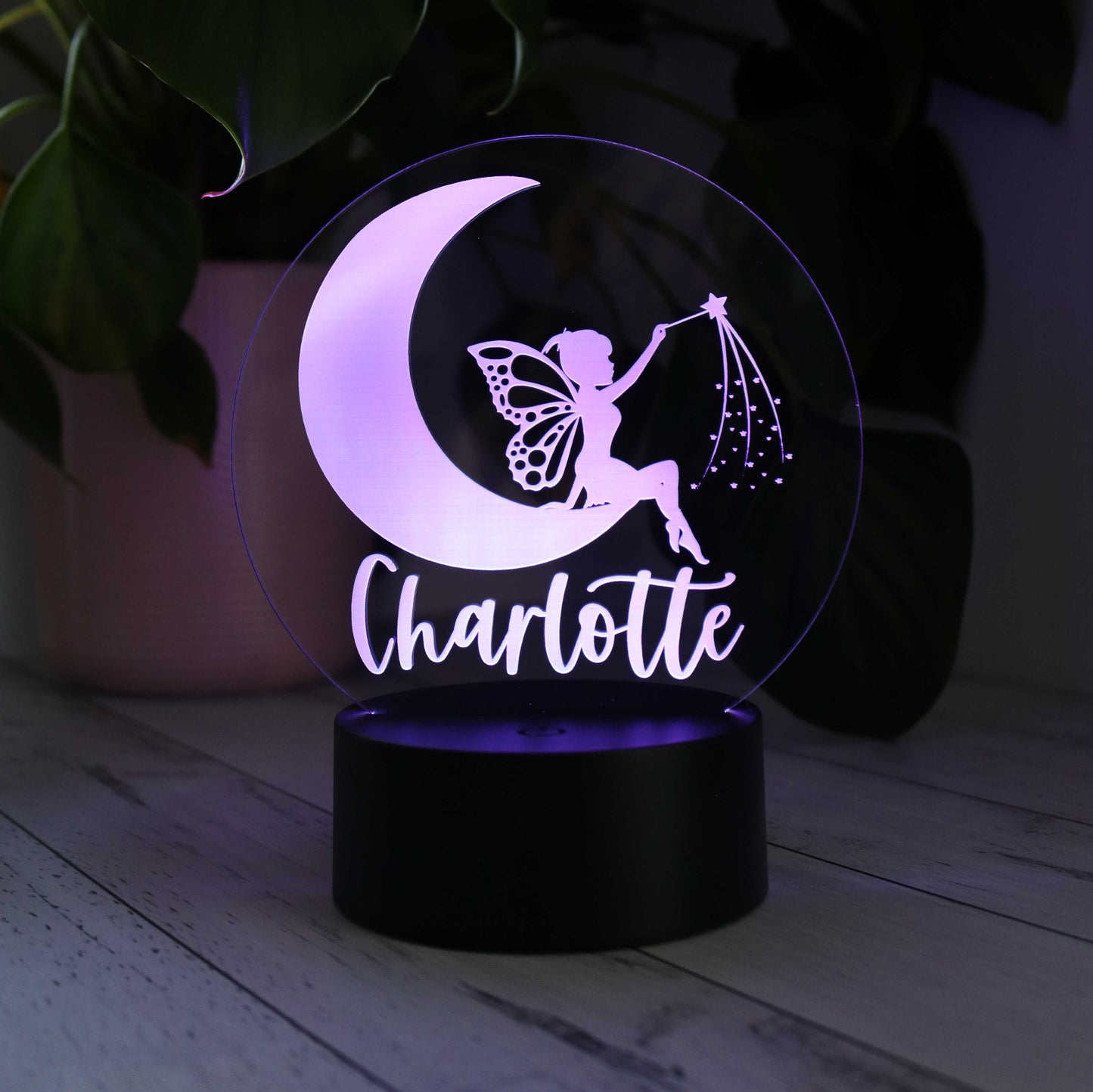 Custom Name Fairy Moon Kids Night Light shown in purple LED light colour