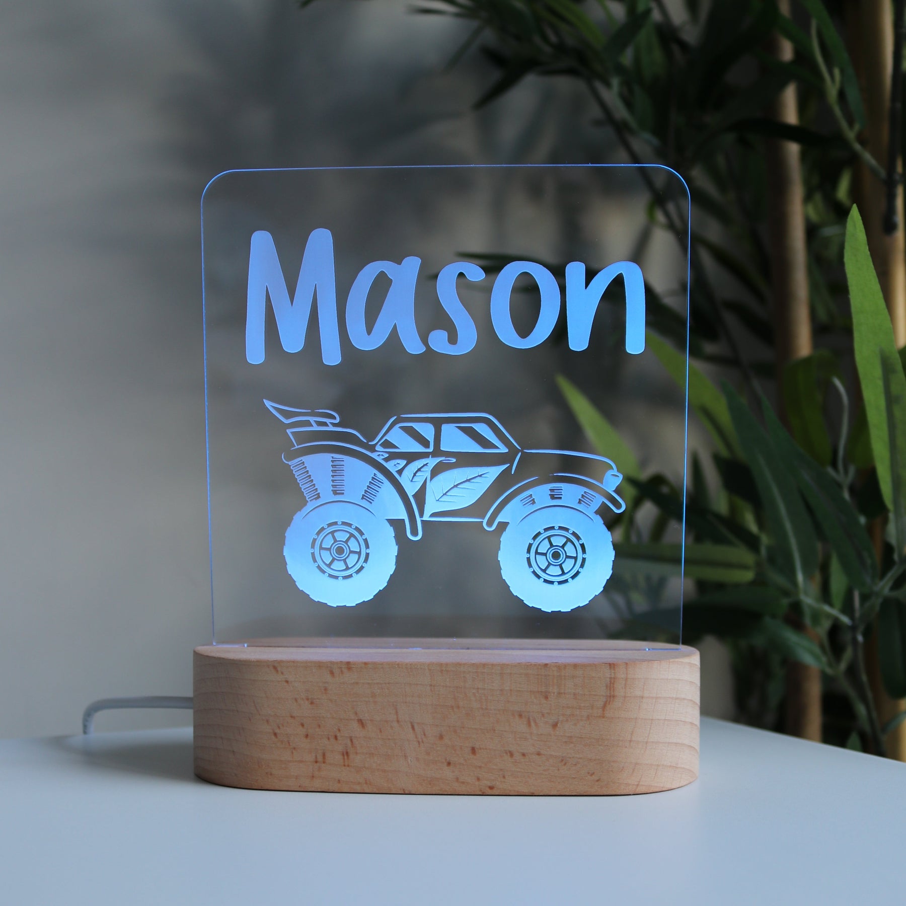 Personalised Kids Wooden Night Light Monster Truck Blue Light