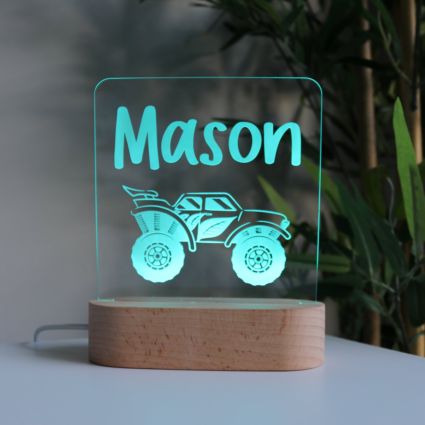 Personalised Kids Wooden Night Light Monster Truck Blue Light