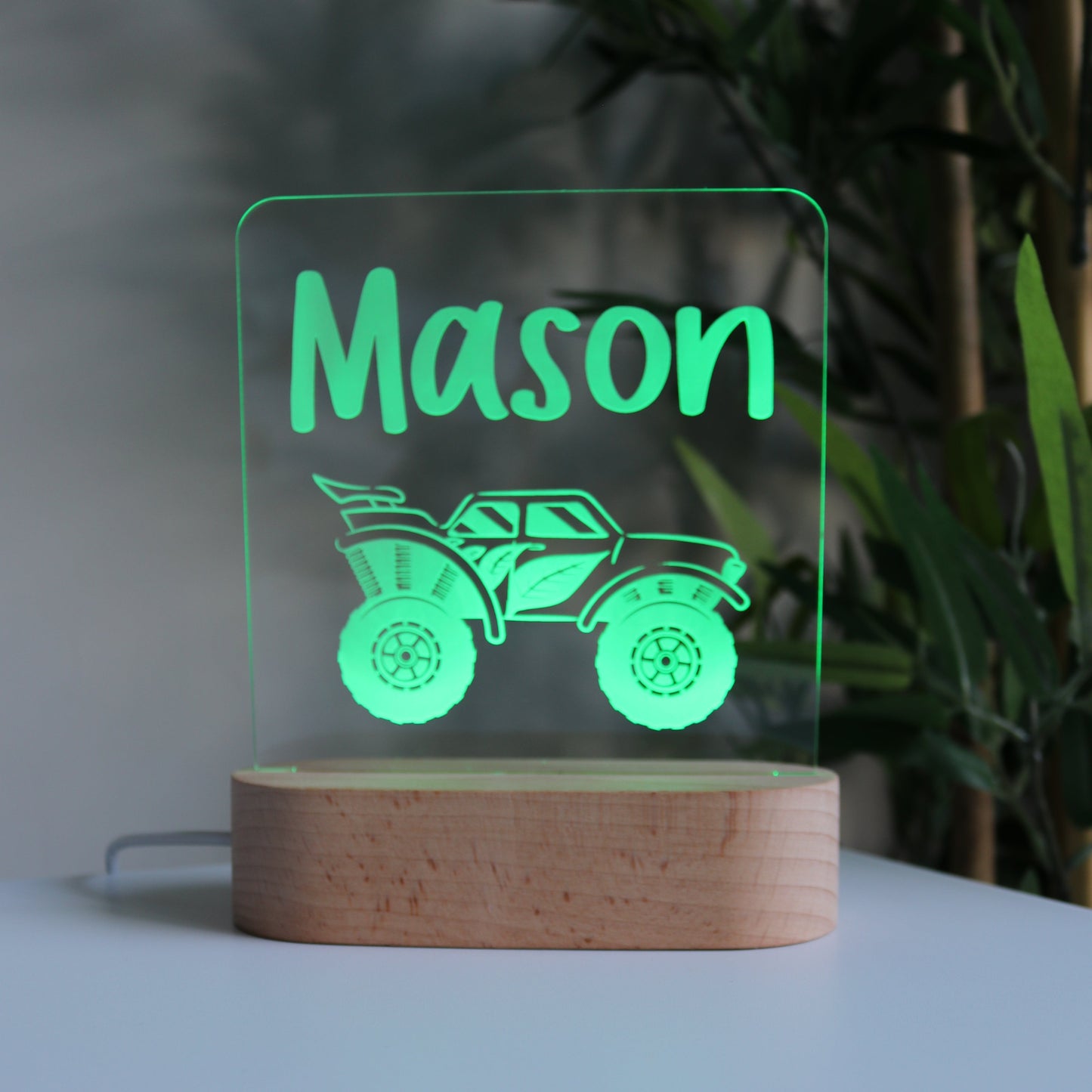 Personalised Kids Wooden Night Light Monster Truck Green Light