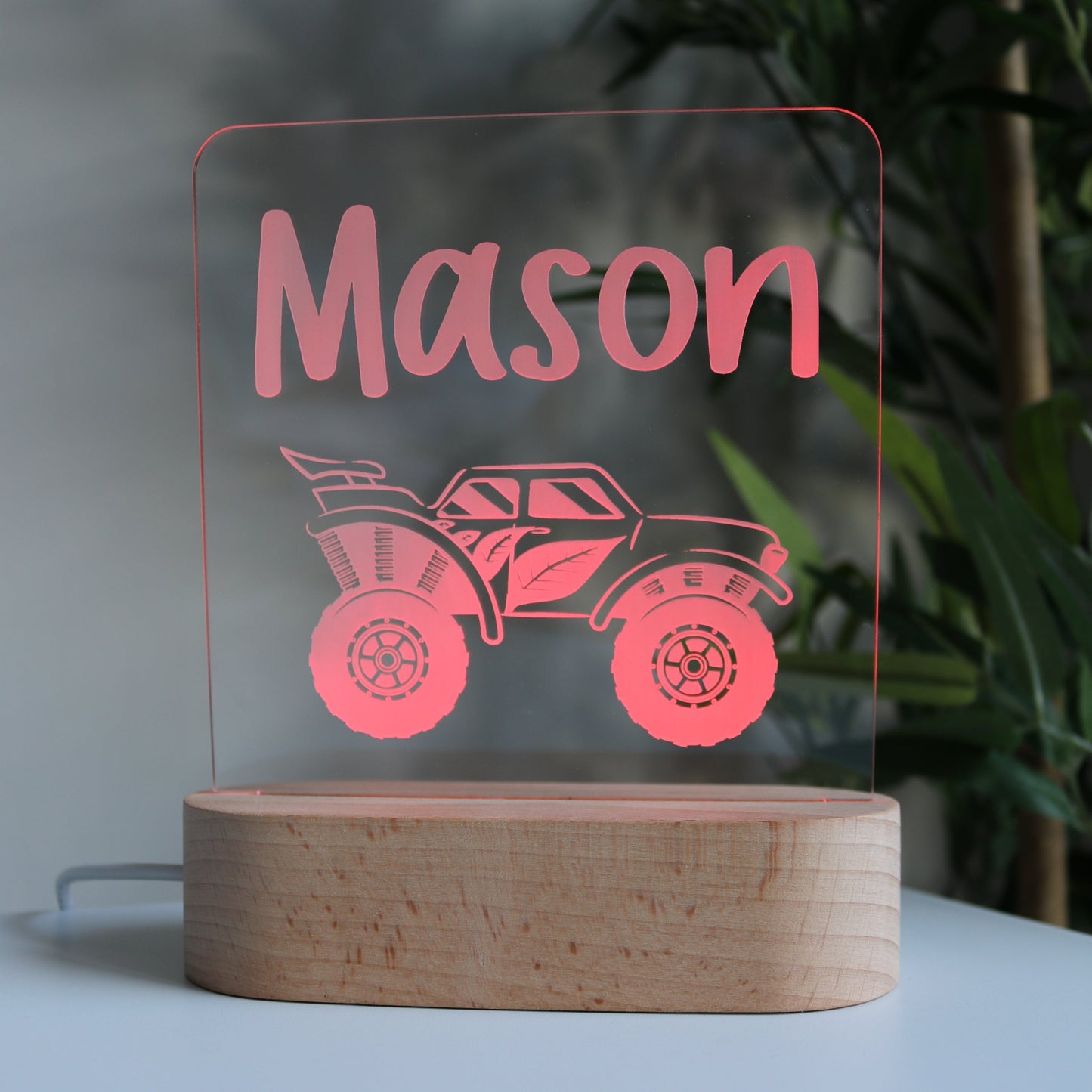 Personalised Kids Wooden Night Light Monster Truck Red Light
