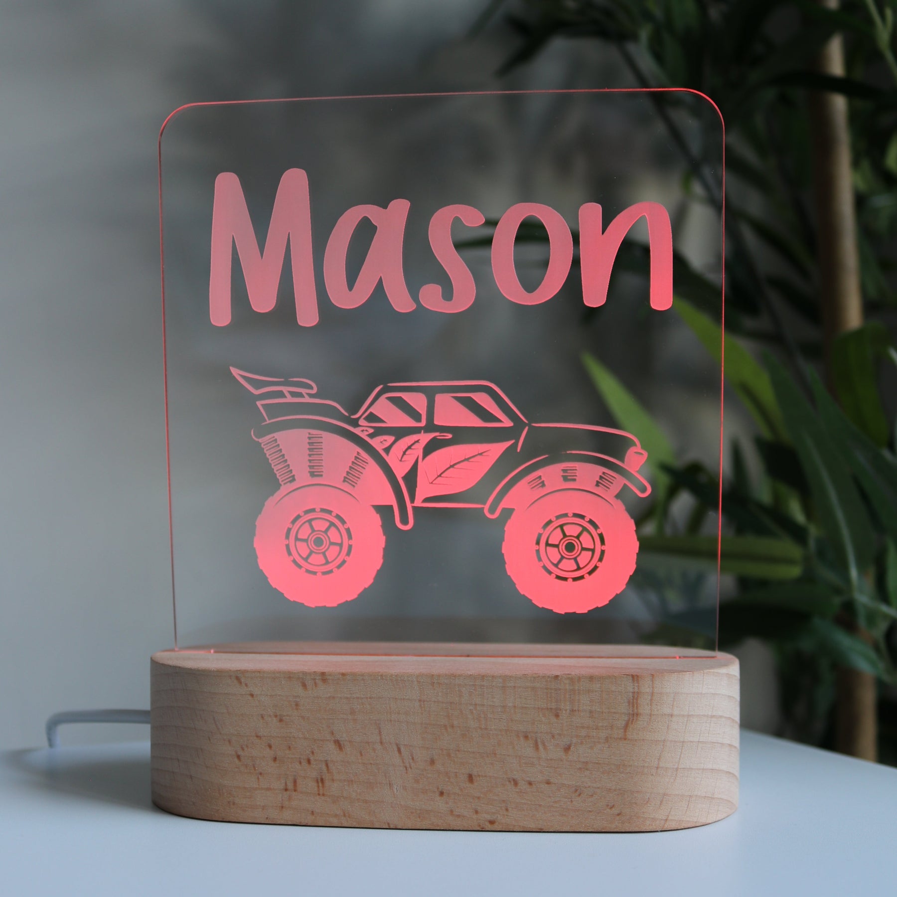 Personalised Kids Wooden Night Light Monster Truck Red Light