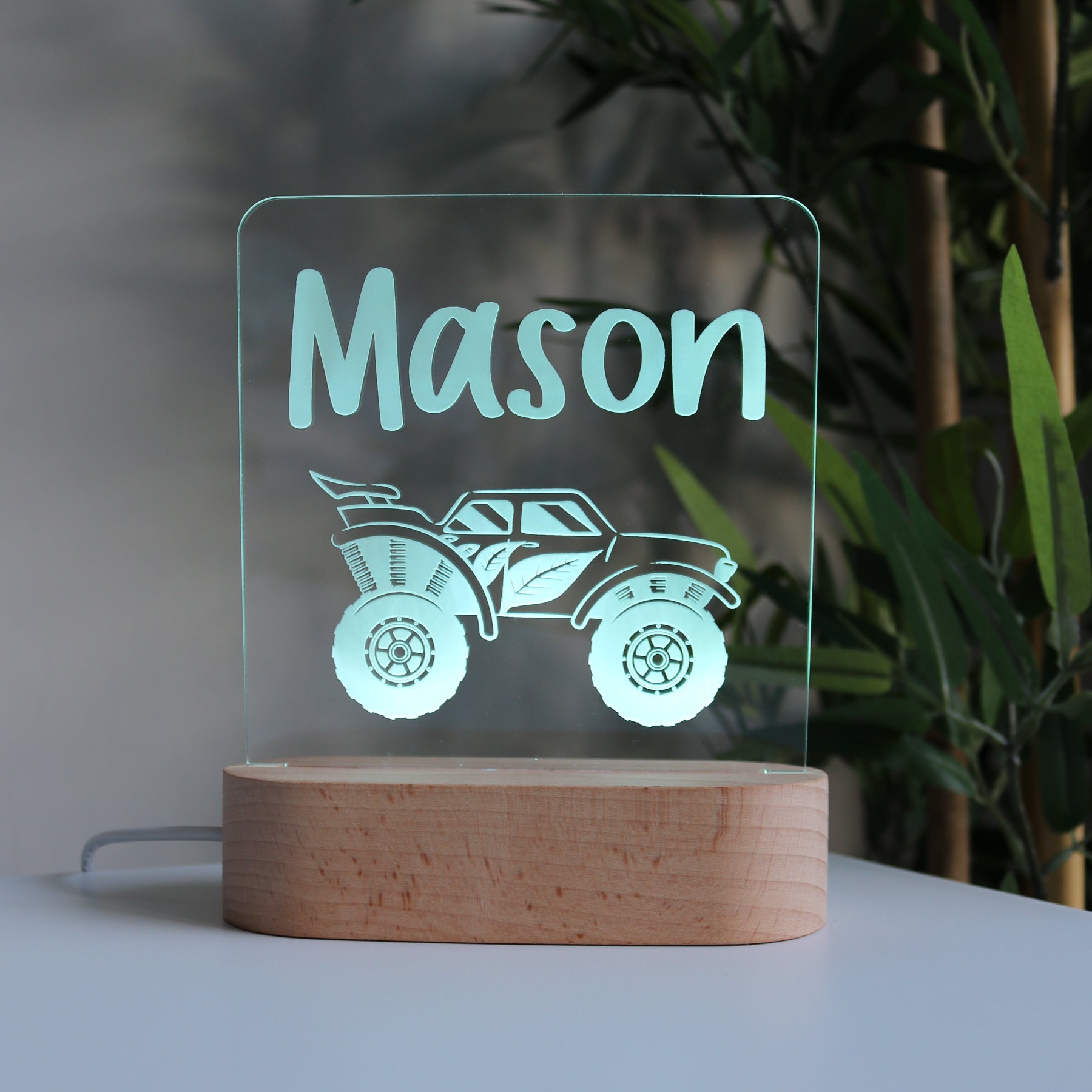 Personalised Kids Wooden Night Light Monster Truck White Light