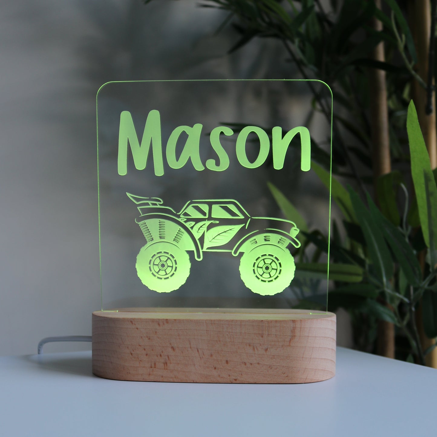 Personalised Kids Wooden Night Light Monster Truck Yellow Light