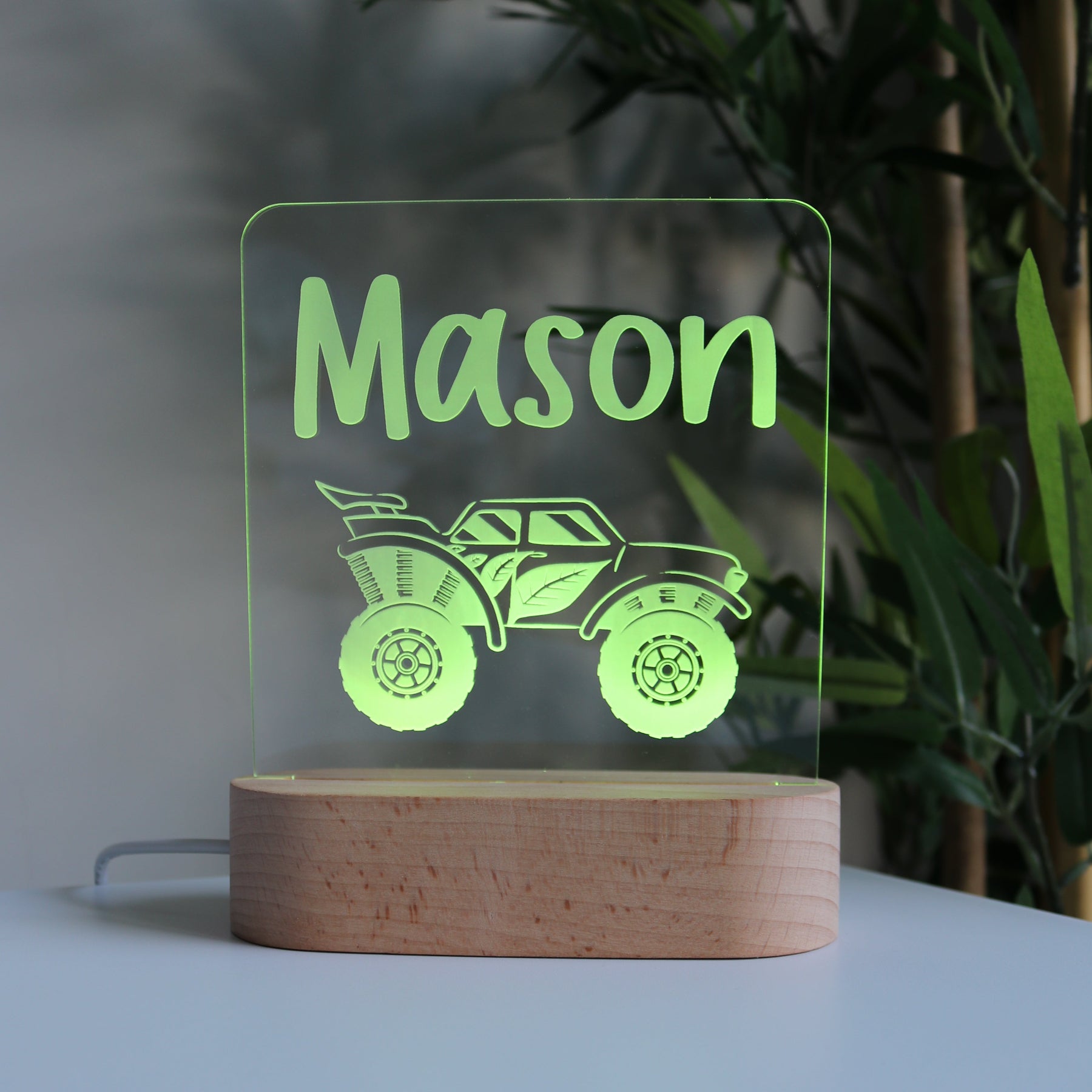 Personalised Kids Wooden Night Light Monster Truck Yellow Light