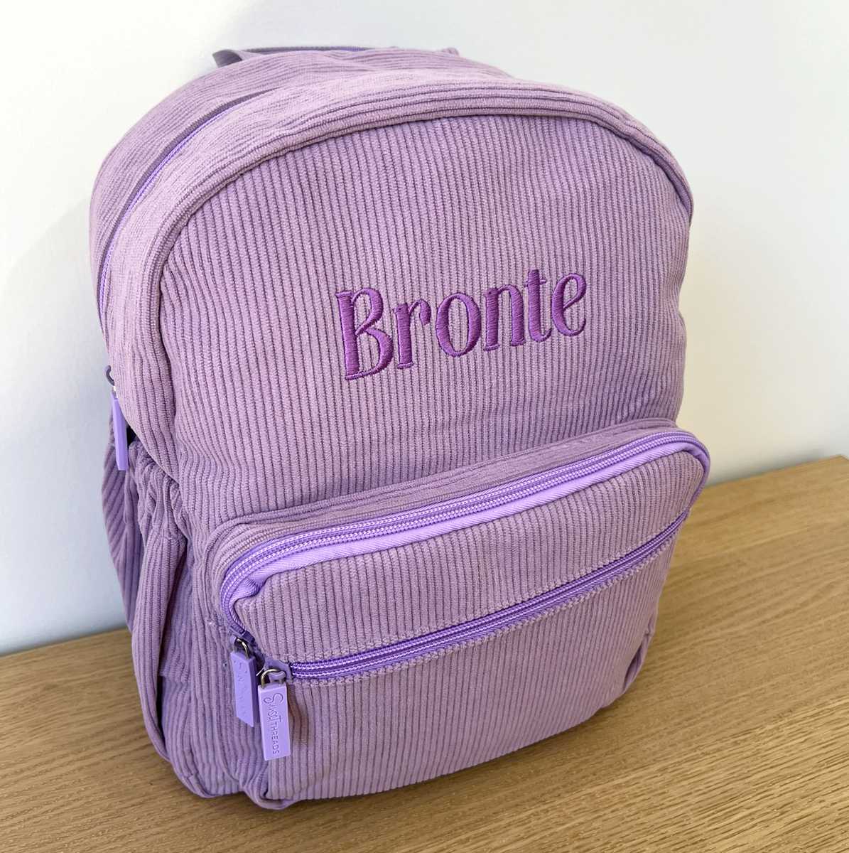 Purple Corduroy Kids Personalised Backpack with Custom Purple Embroidered Name Bronte