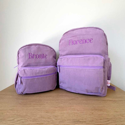 Small and Large Personalised Purple Corduroy Kids Backpack for School or Daycare