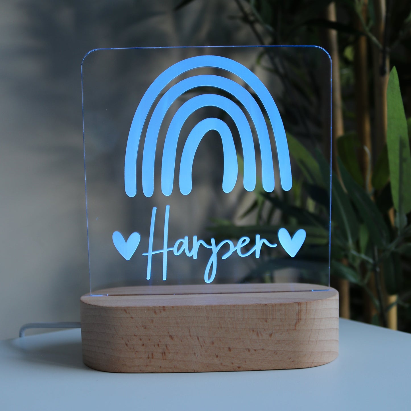 Personalised Wooden Kids Night Light Rainbow Blue Light