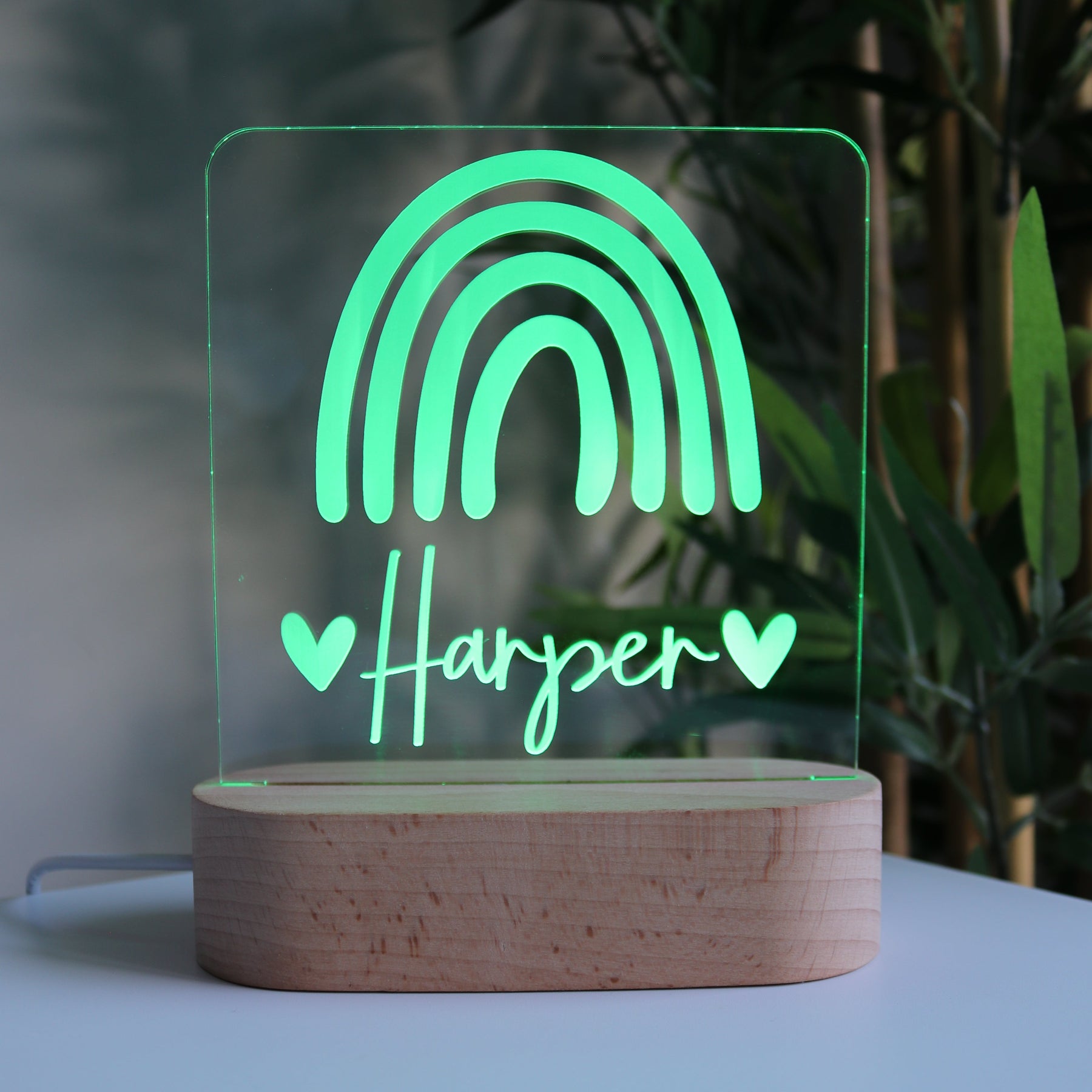 Personalised Wooden Kids Night Light Rainbow Green Light