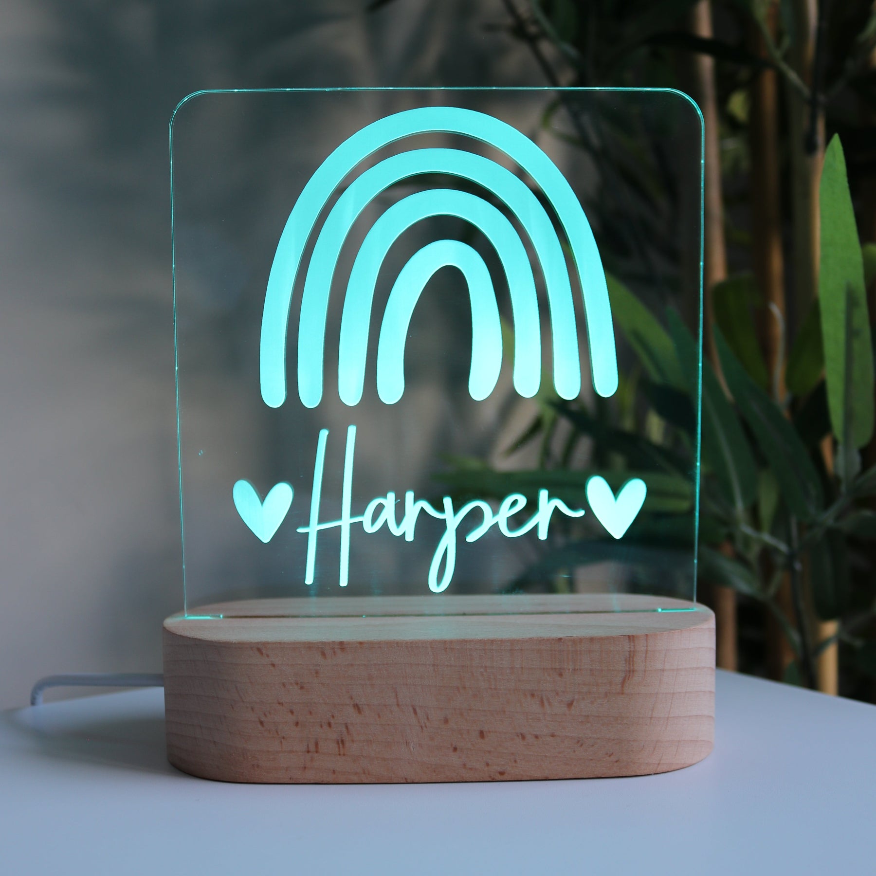 Personalised Wooden Kids Night Light Rainbow Light Blue Light