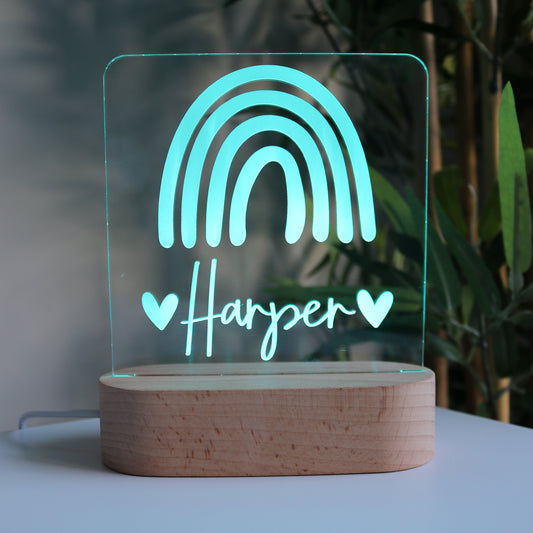 Personalised Wooden Kids Night Light Rainbow Light Blue Light