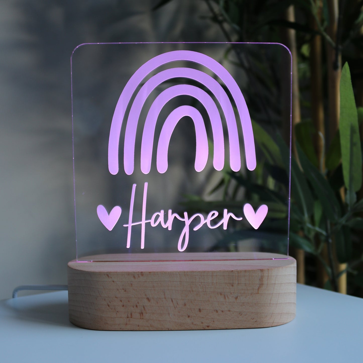Personalised Wooden Kids Night Light Rainbow Purple Light