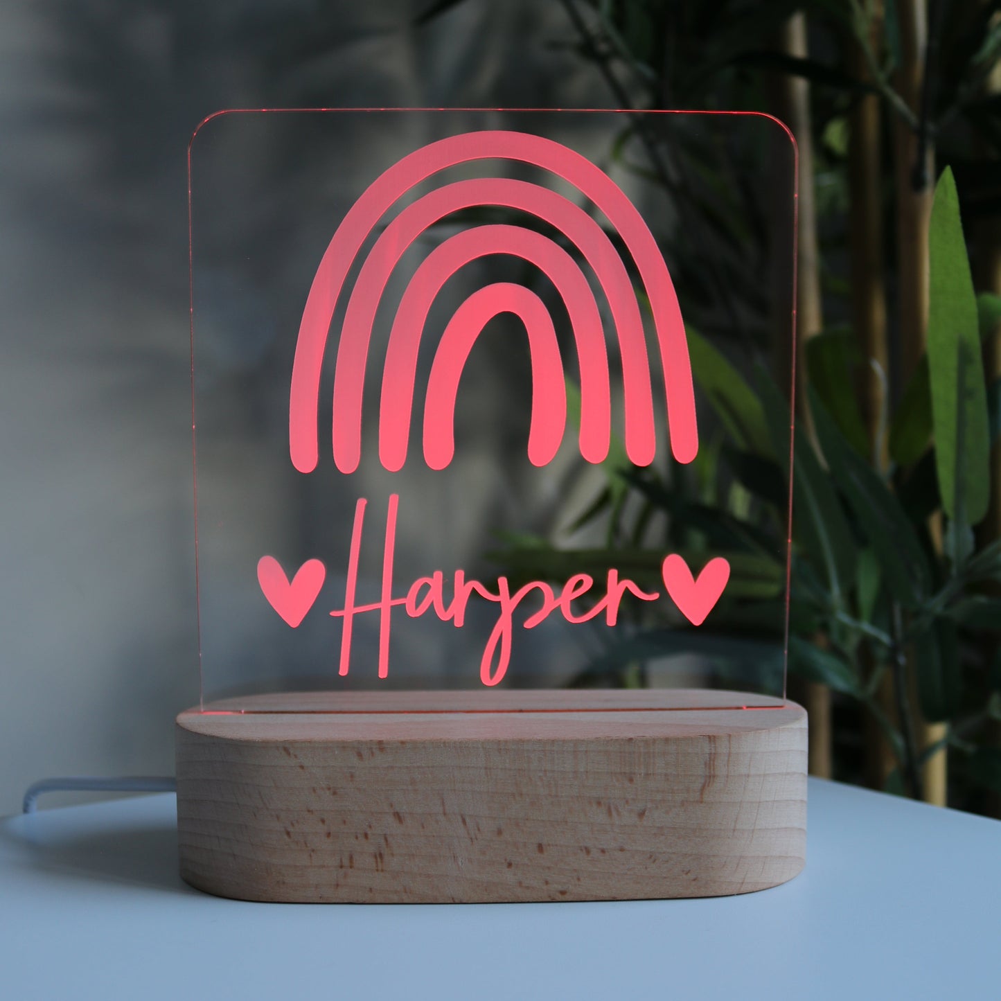 Personalised Wooden Kids Night Light Rainbow Red Light