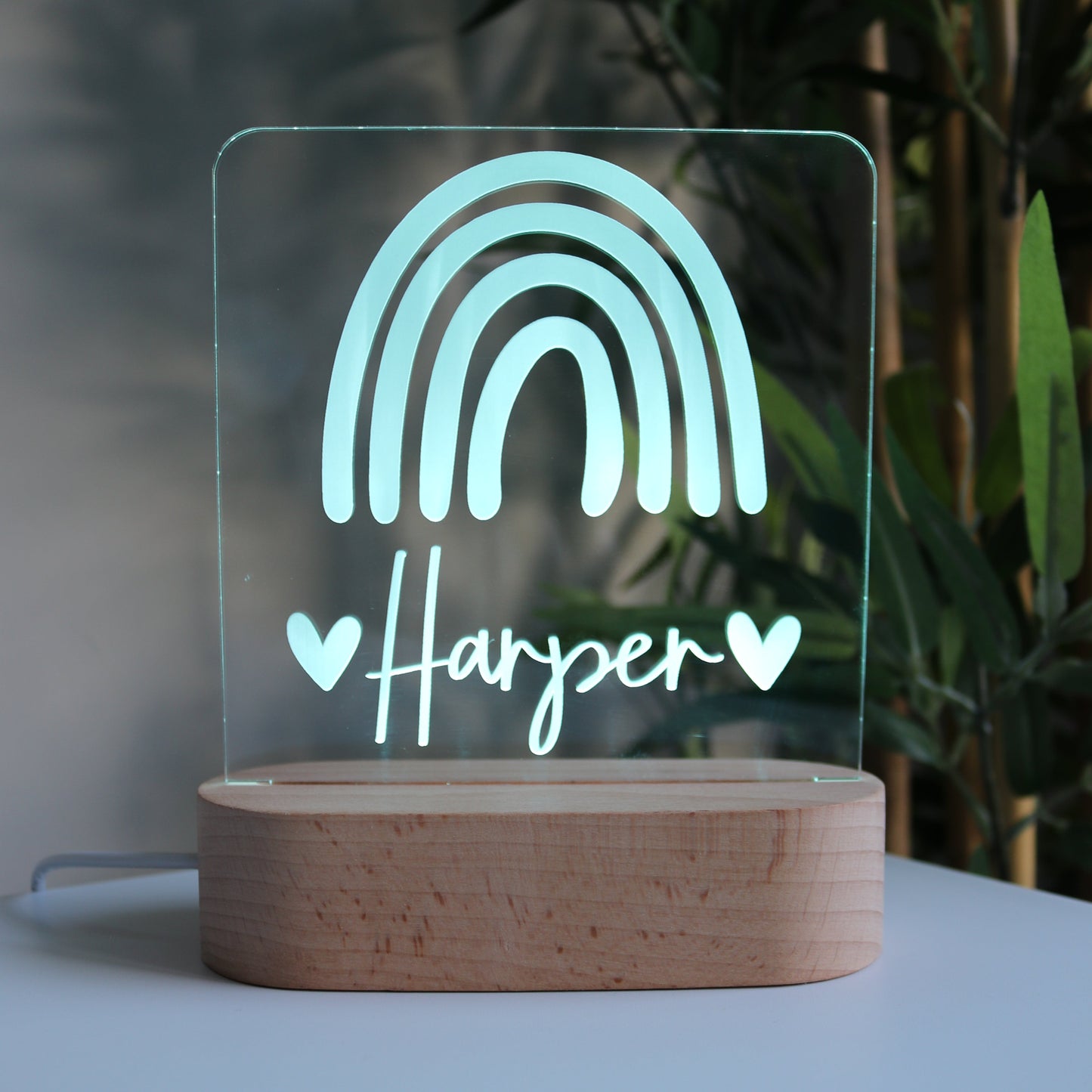 Personalised Wooden Kids Night Light Rainbow White Light