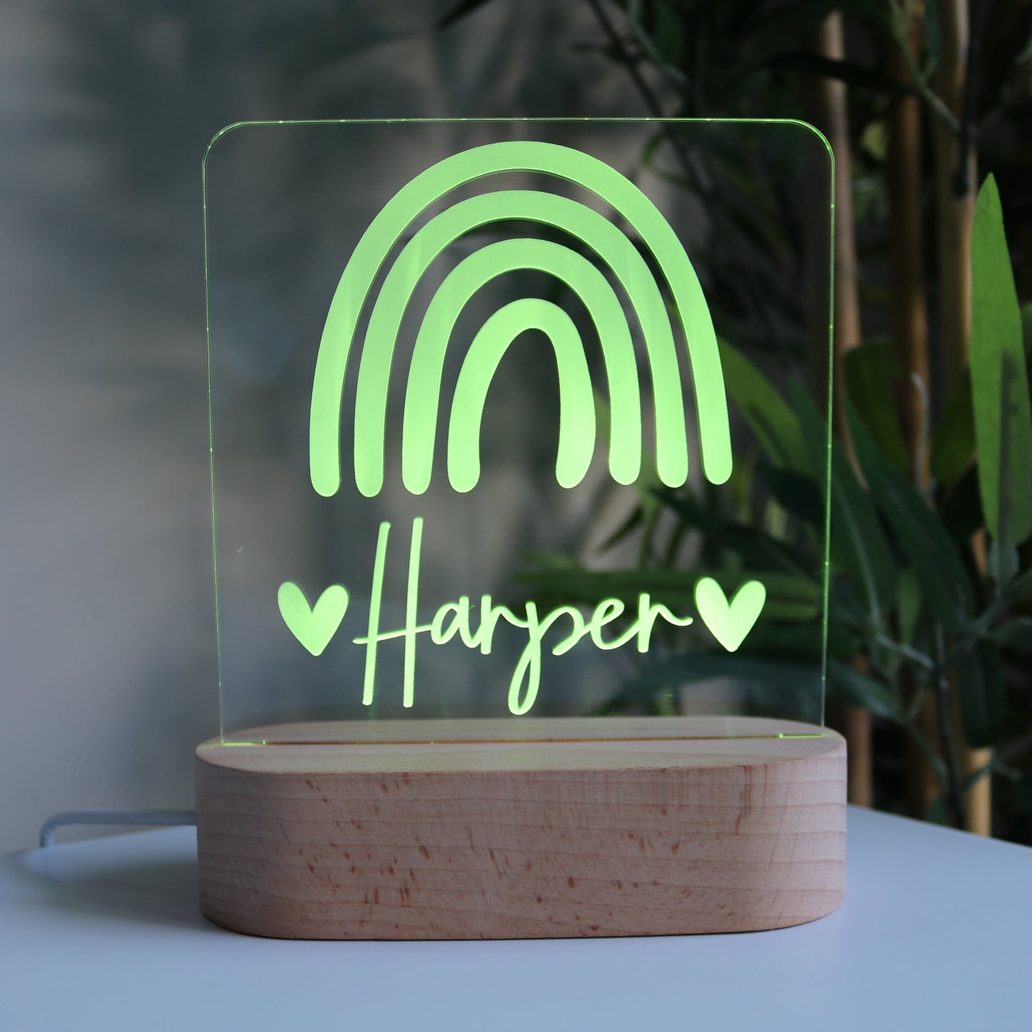 Personalised Wooden Kids Night Light Rainbow Yellow Light