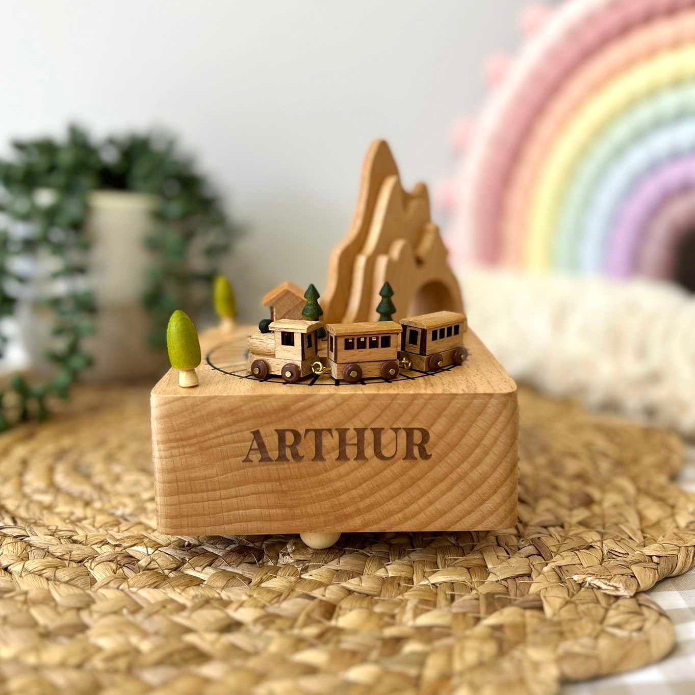 Personalised Wooden Train Musical Carousel Engraved with the name Arthur in Font One