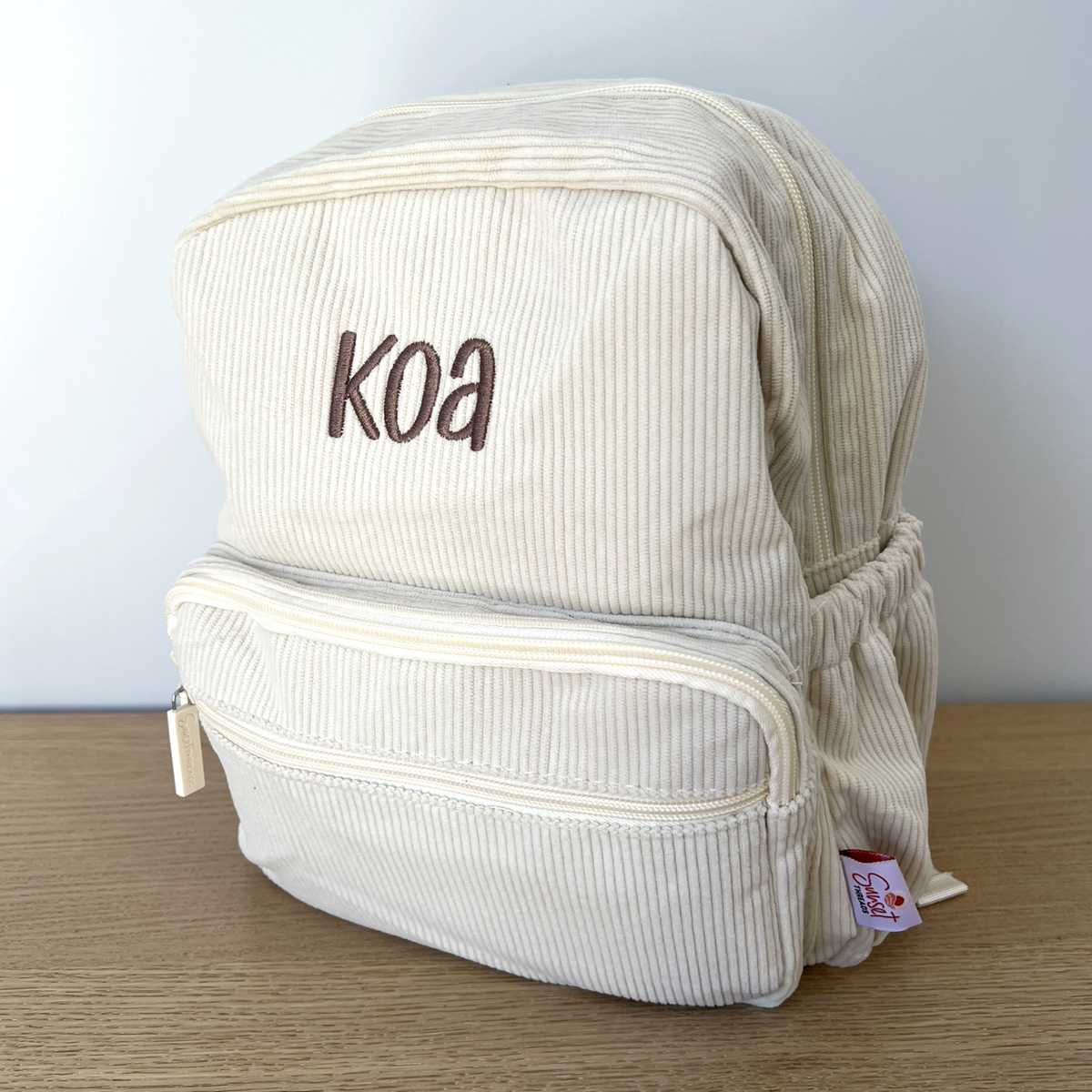 Cream Kids Personalised Corduroy Backpack with Koa Embroidered Name in Brown Thread