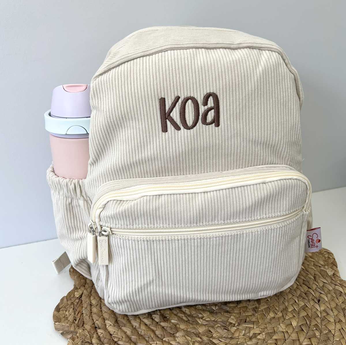 Beige Corduroy Childrens Backpack with Personalised Embroidered Name