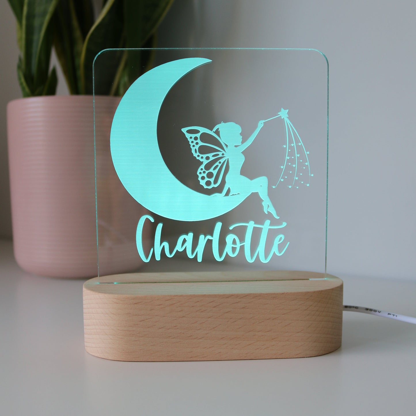 Personalised Fairy Moon Kids Night Light with Blue Colour Light Showing