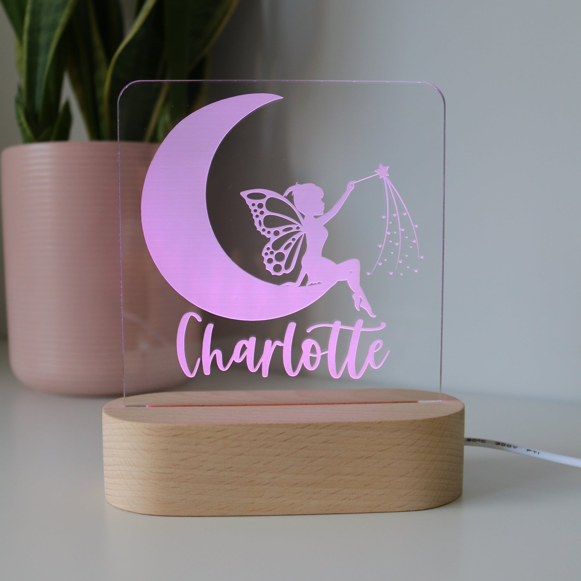Personalised Fairy Moon Kids Night Light with Purple Light