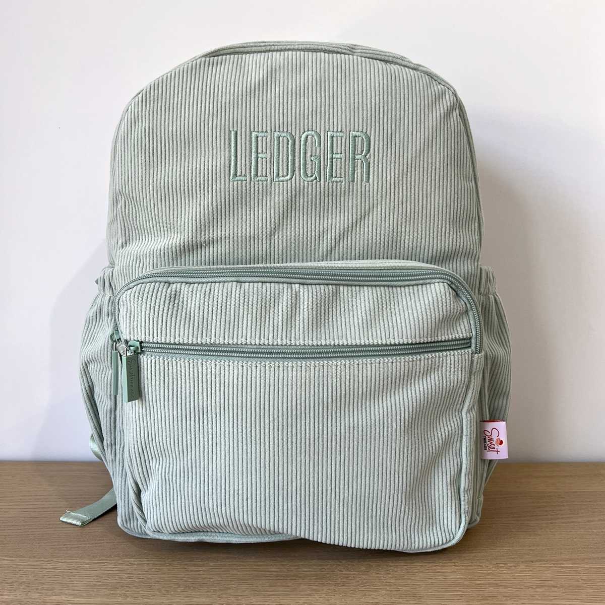 Large Green Corduroy Backpack with Embroidered Monochrome Name Embroidered - Ledger
