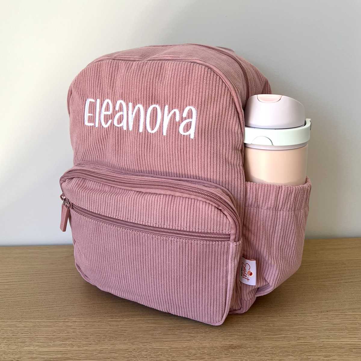 Personalised Pink Corduroy Kids Small Backpack with Custom Eleanora Embroidery in White Thread